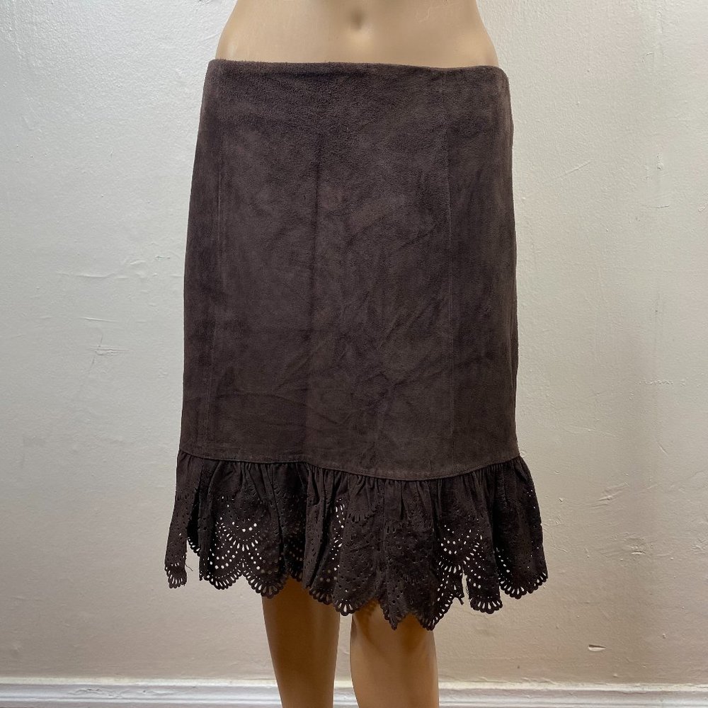 Anthropologie Elevenses Brown Leather Suede Laser Cut Eyelet Ruffle Skirt SZ 6